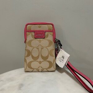 Coach Khaki Signature Canvas Wristlet with Pink Trim
